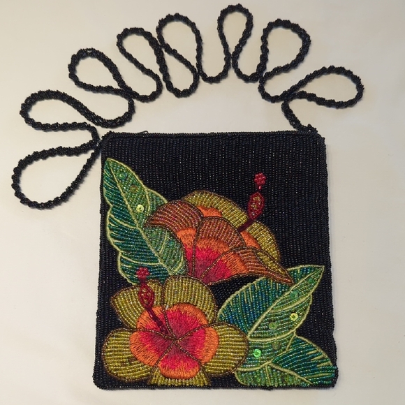 Ermo Handbags - Black Beaded Crossbody Bag with Multicolor Floral Embroidery